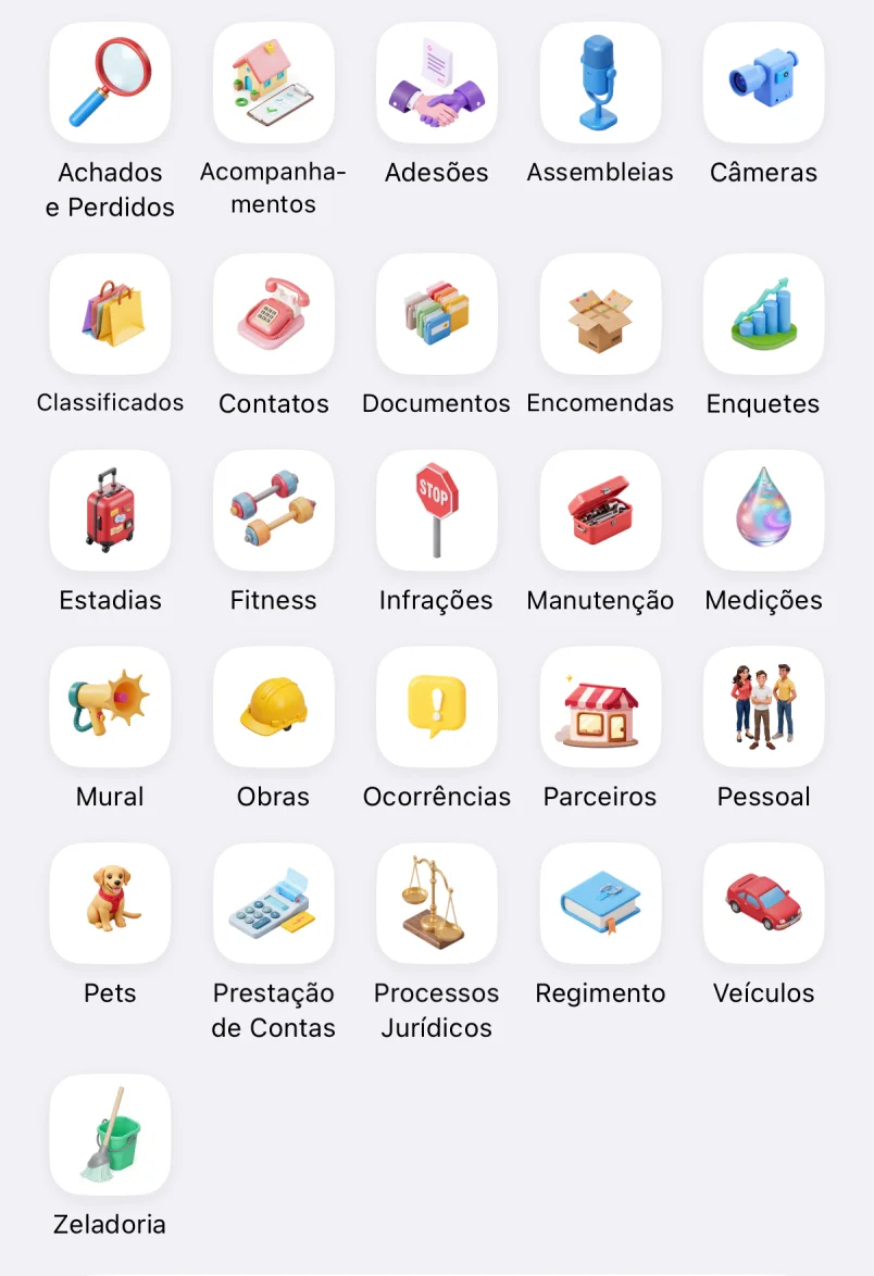 Tela inicial do app do morador com os ícones dos serviços: achados e perdidos, assembleias, câmeras, encomendas, enquetes, manutenção, mural, ocorrências, pets, prestação de contas, veículos e outros