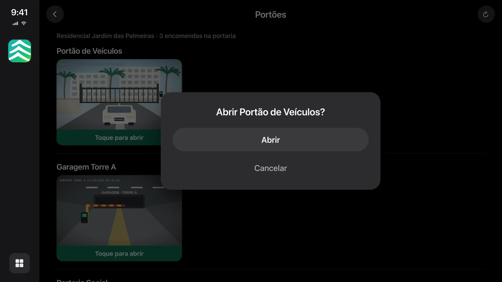 Confirmação para abrir o portão no console do carro