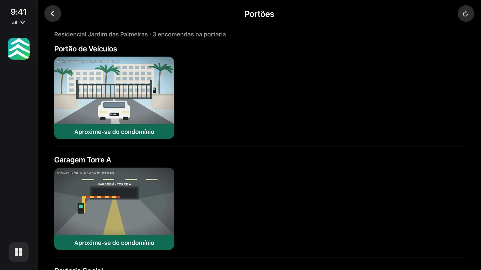 Lista de portões no console com o aviso Aproxime-se do condomínio