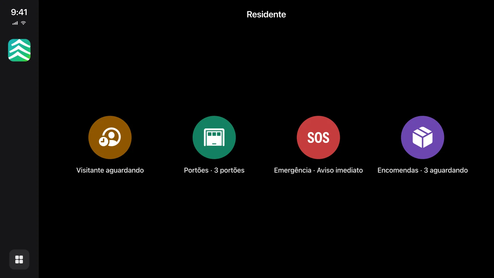 Console do carro com os botões Portões, Emergência, Visitante e Encomendas