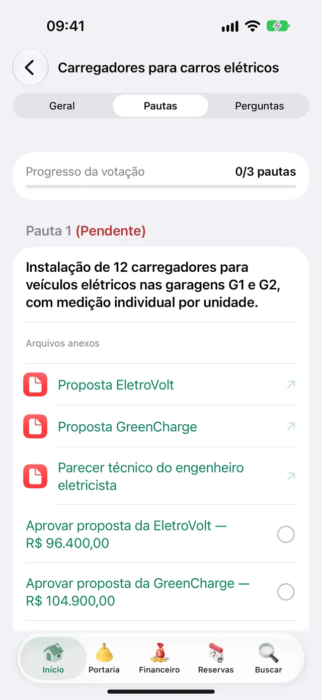Pautas da assembleia no app do morador, com o voto registrado