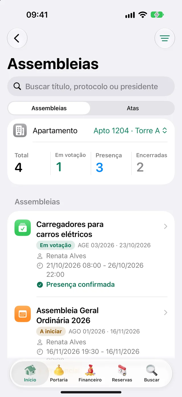 Assembleias da unidade no app do morador