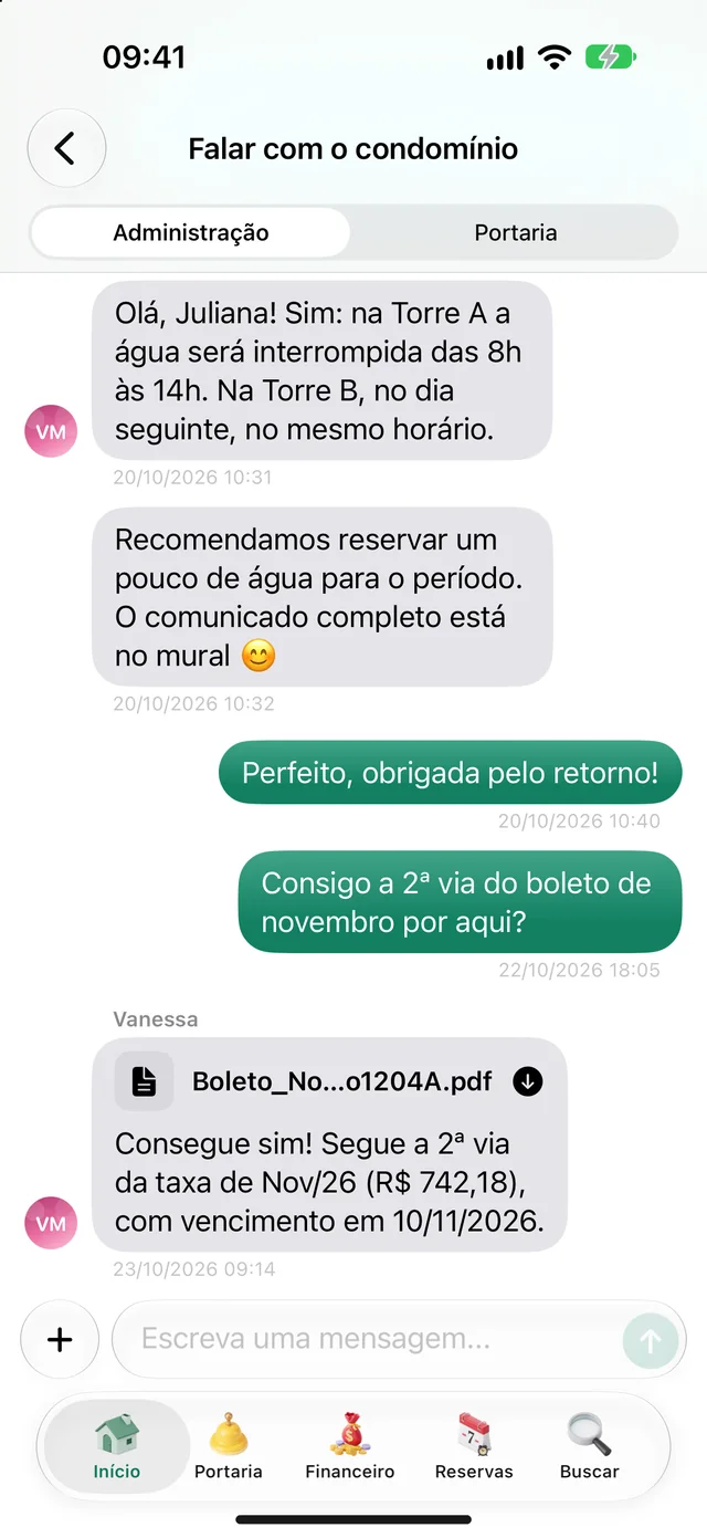 Conversa com a administração no app do morador