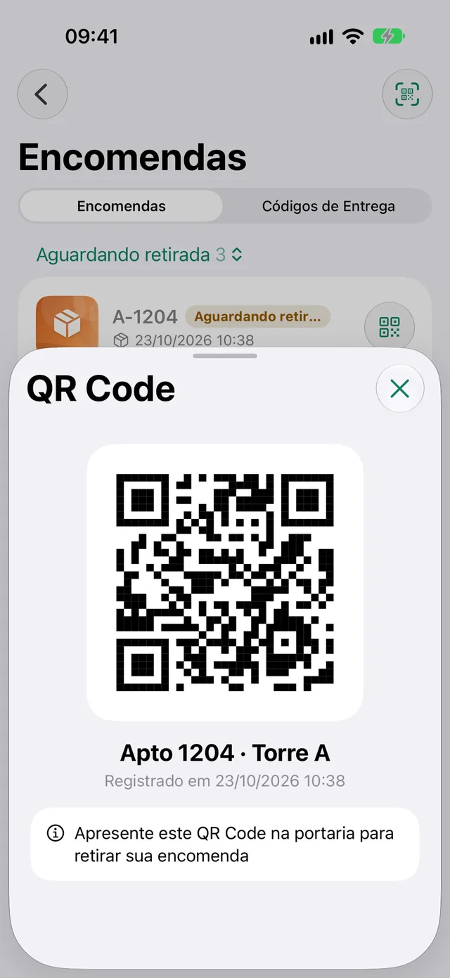 QR Code de retirada no app do morador