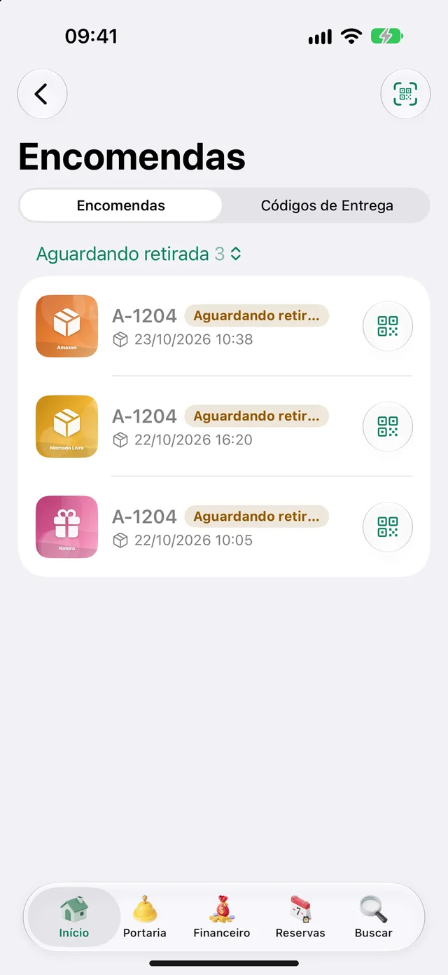App do morador com as encomendas aguardando retirada
