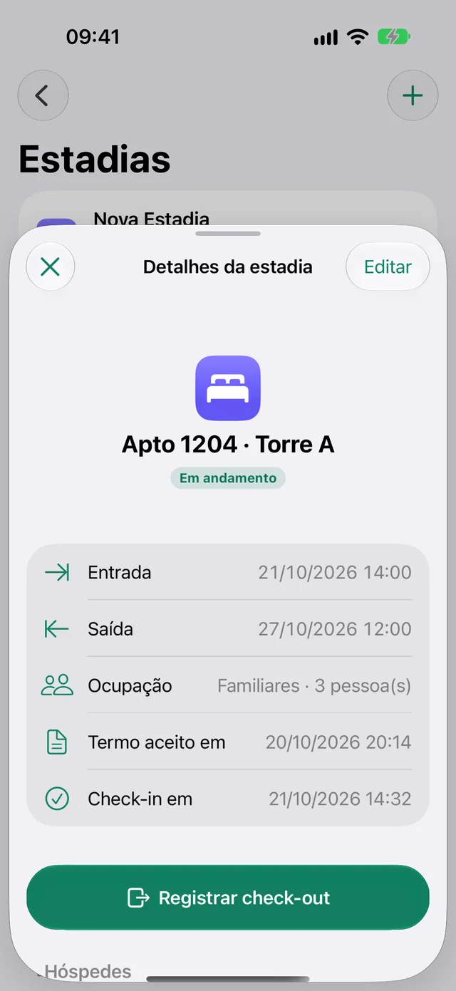 Detalhe da estadia com os hóspedes e o termo aceito