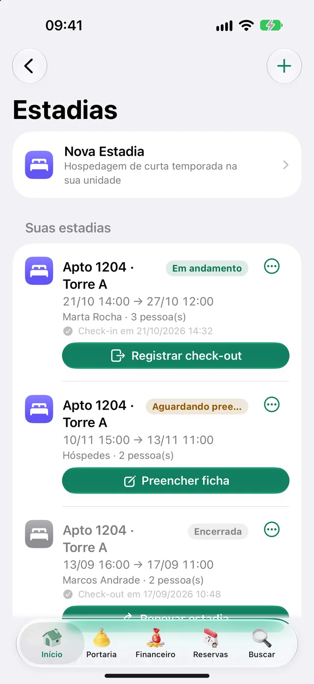 App do morador com as estadias cadastradas e o link da ficha