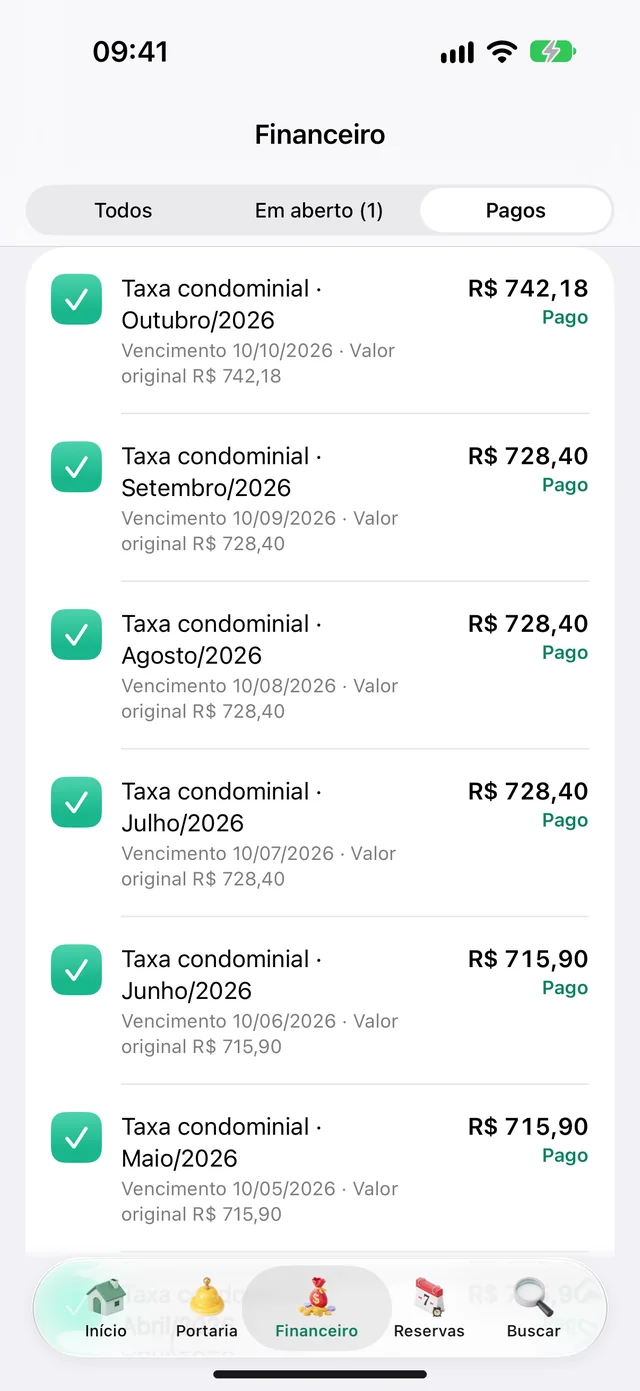 Lista de pagamentos feitos pela unidade