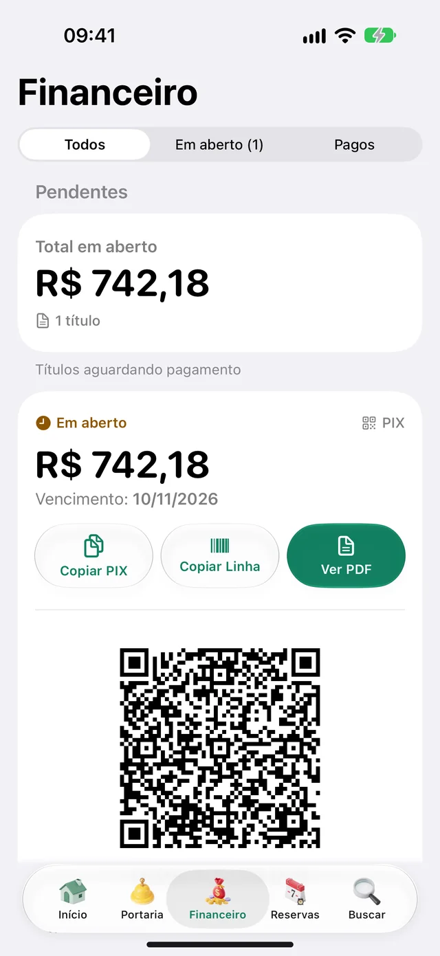 App do morador com o boleto do mês, o QR Code do PIX e os botões Copiar PIX e Ver PDF