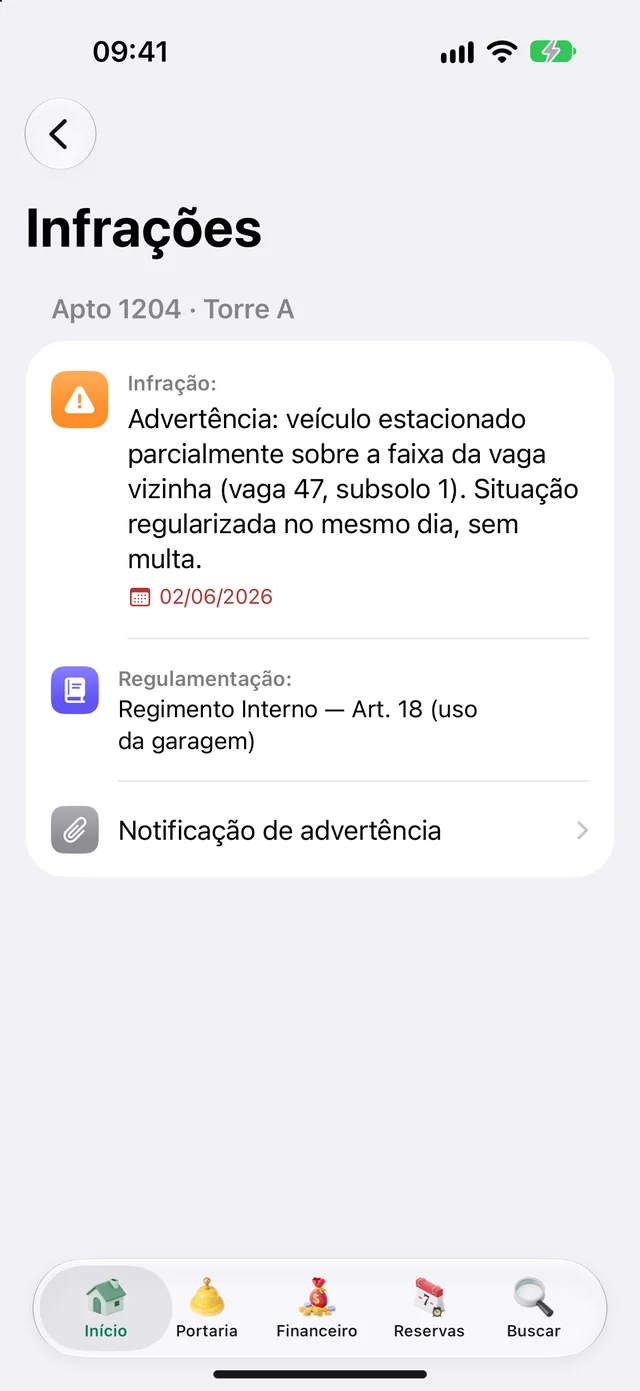 Infração da unidade no app do morador