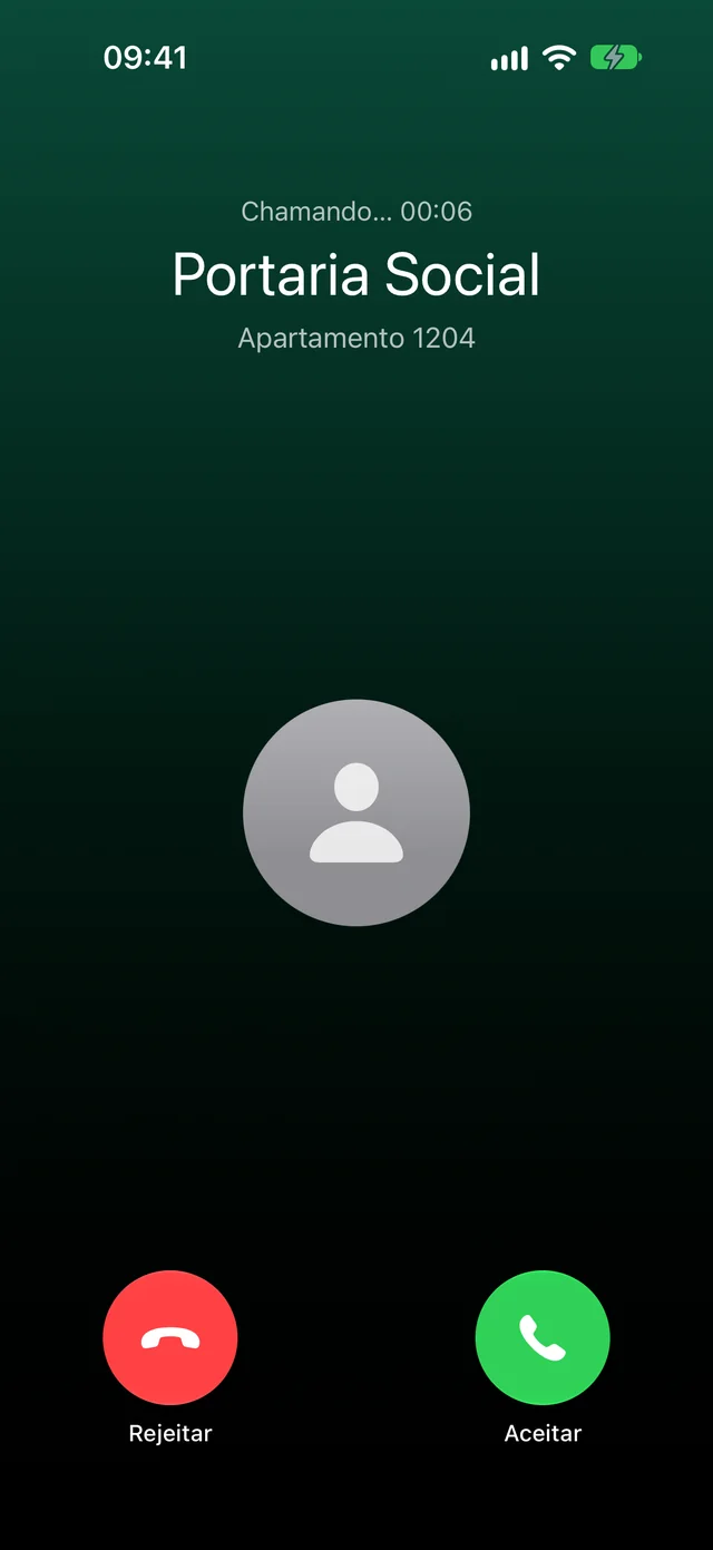 Interfone da Portaria Social chamando no celular, com Rejeitar e Aceitar