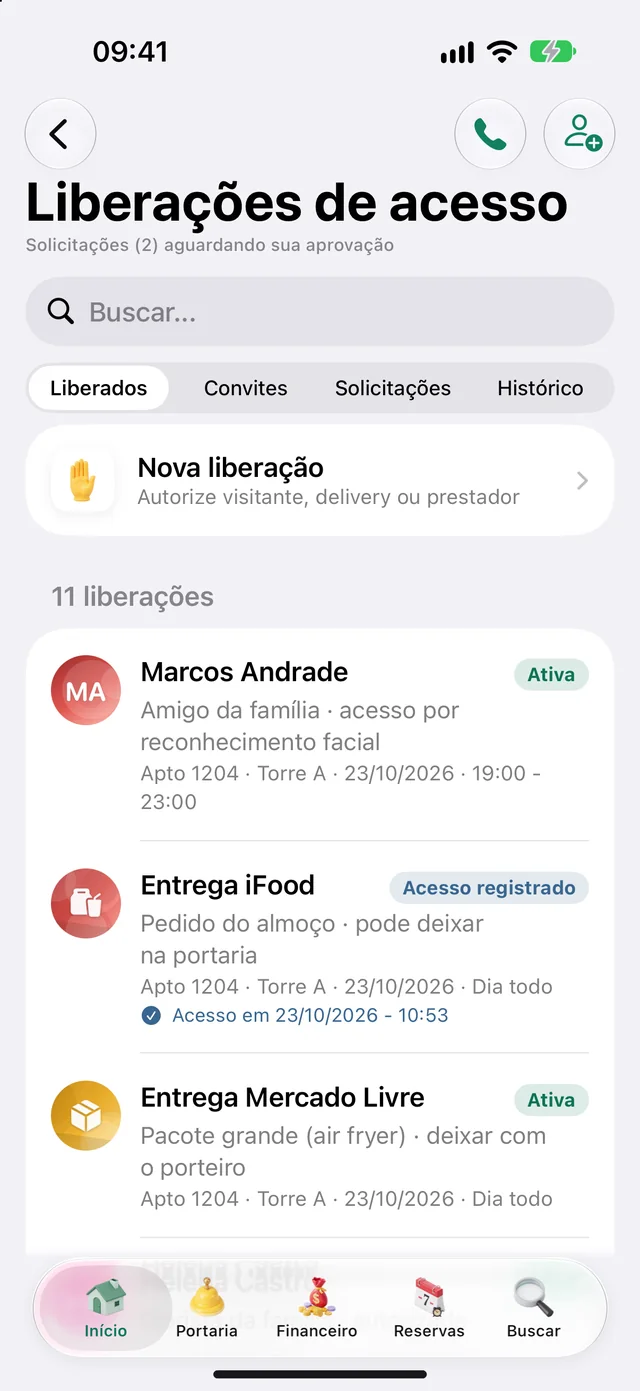 Liberações ativas, convites, solicitações e histórico