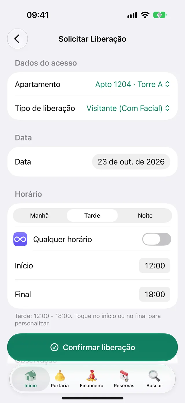 App do morador liberando uma visita com reconhecimento facial, data e período