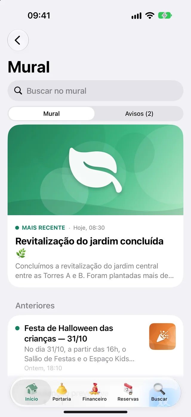 Mural no app do morador com o aviso mais recente em destaque