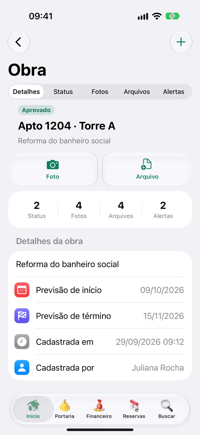 Detalhe da obra com a situação e os alertas