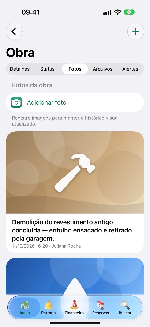 App do morador com as fotos do andamento da obra