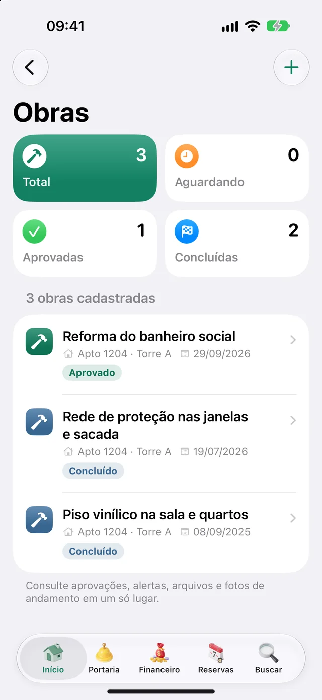Lista de obras da unidade no app do morador