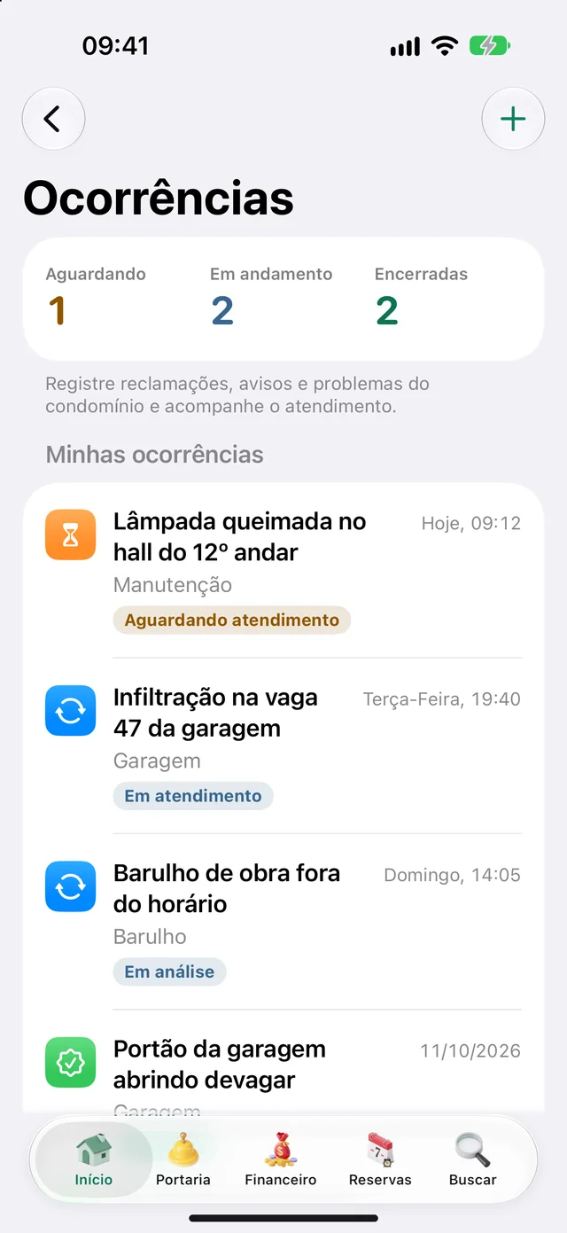 App do morador com as ocorrências da unidade e o andamento de cada uma