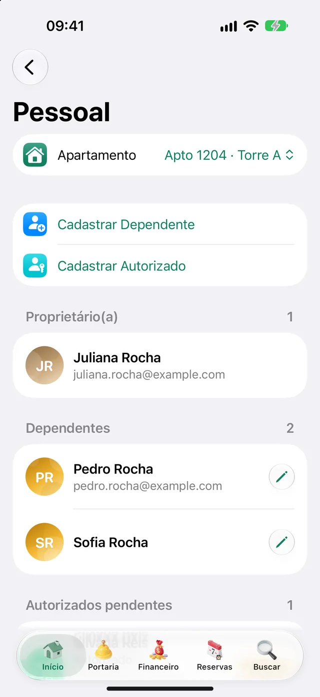 App do morador com os dependentes e autorizados da unidade