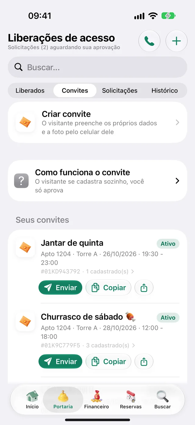 Convites ativos com o link para compartilhar