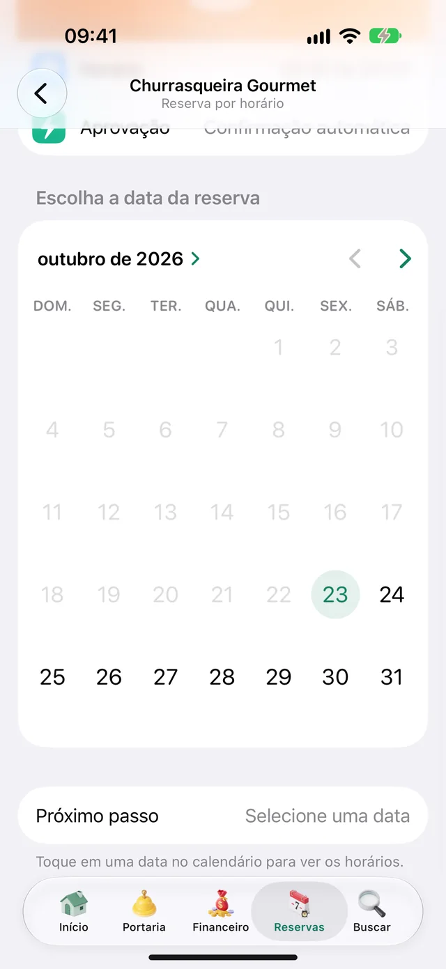 Calendário com os dias livres para reservar o espaço