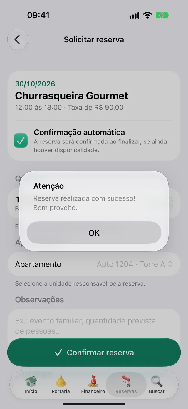 Aviso de reserva realizada com sucesso no app do morador