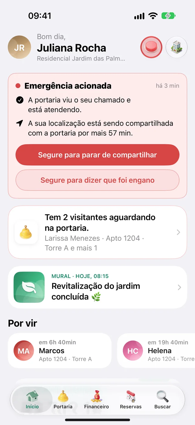 App do morador mostrando que a portaria viu o chamado e está atendendo