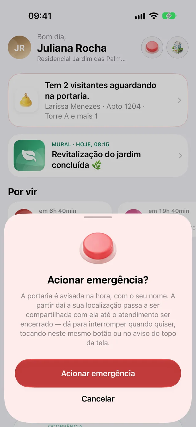Confirmação Acionar emergência? no app do morador