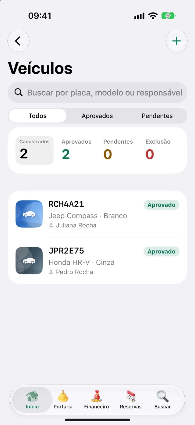 Veículos da unidade no app do morador