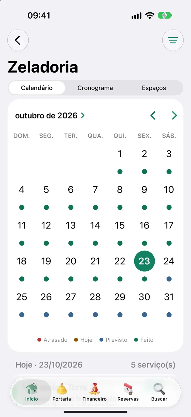Calendário da zeladoria no app do morador