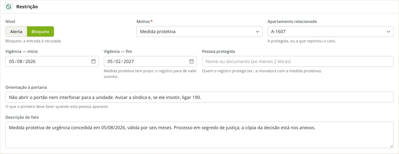 Cadastro de uma medida protetiva com o nível bloqueio, a vigência de seis meses e a orientação à portaria
