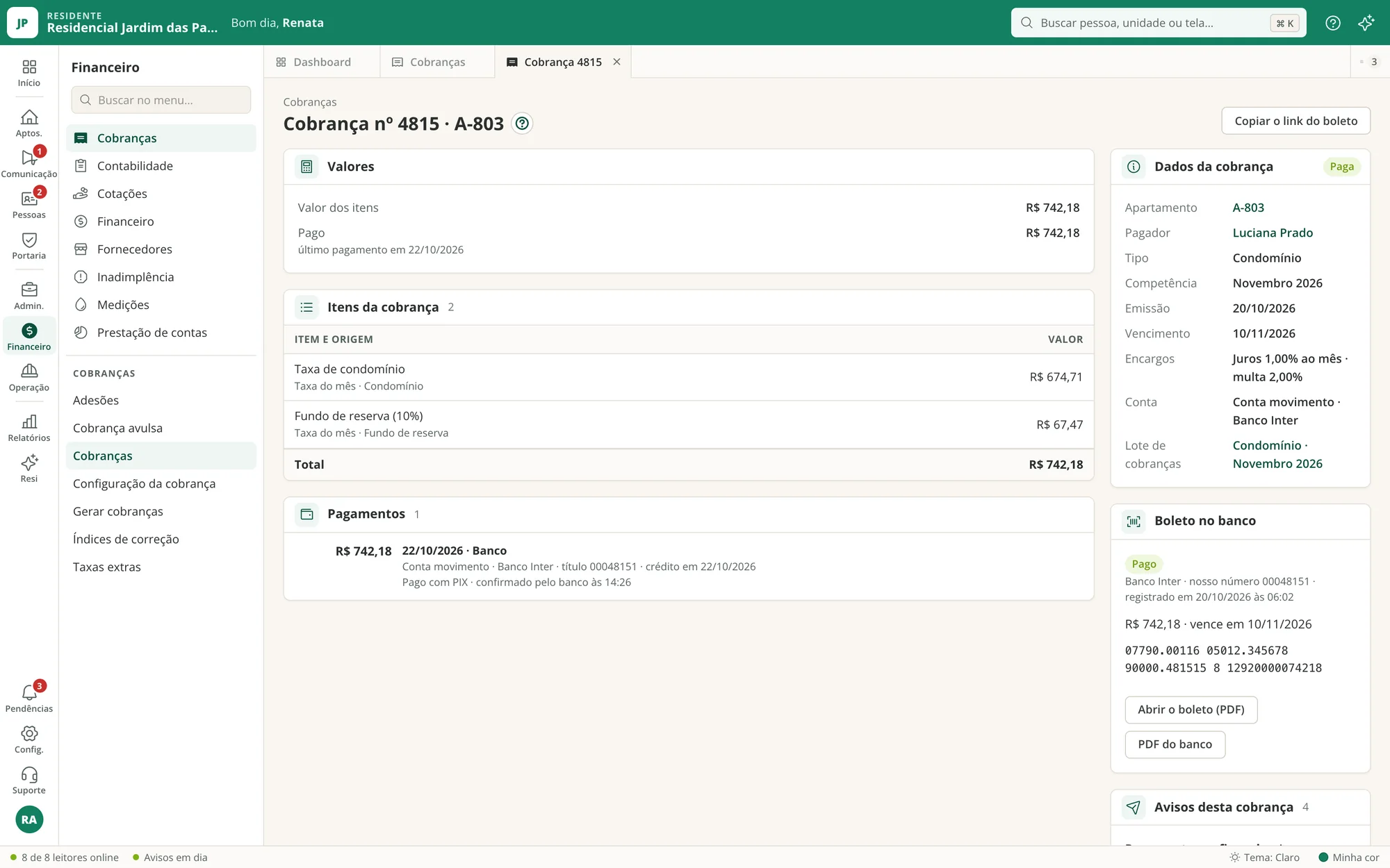 Cobrança paga com a baixa feita pelo banco e a data de crédito