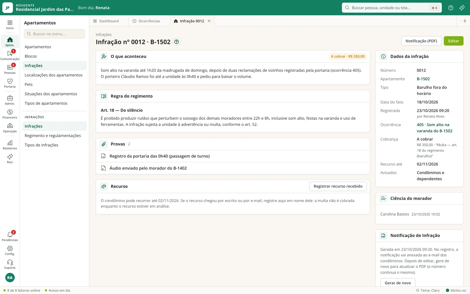 Infração com o artigo do regimento, a multa e o prazo de recurso