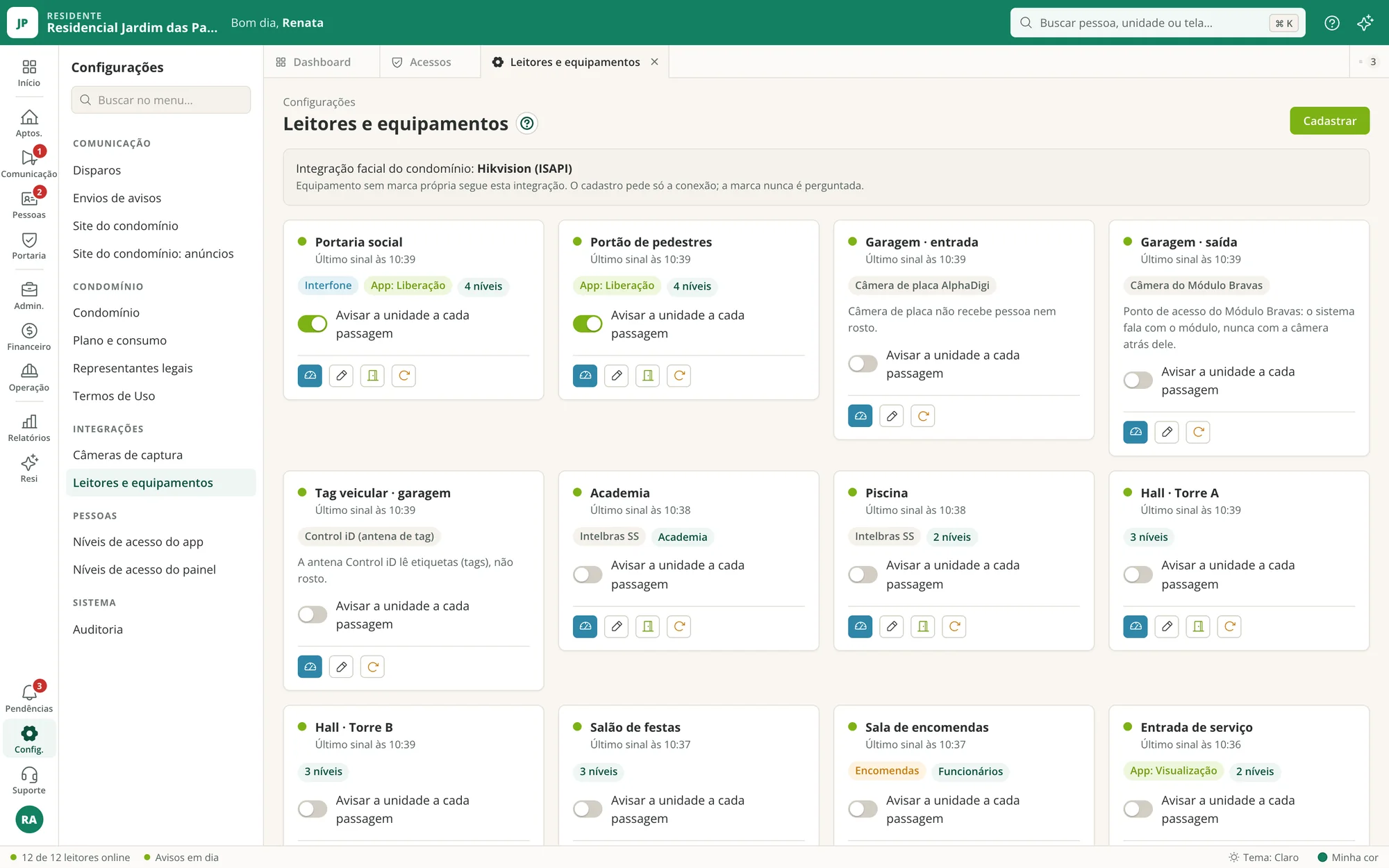 Lista de leitores e equipamentos do condomínio, todos online