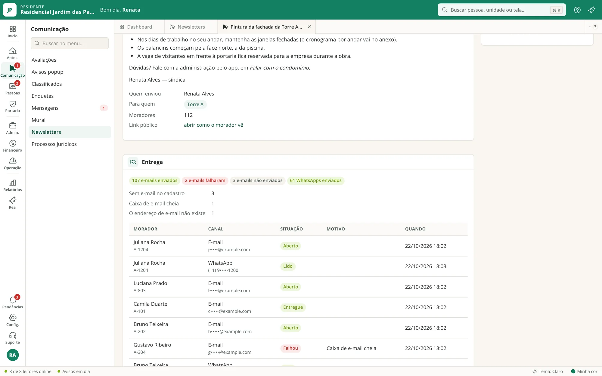 Newsletter com a escolha de blocos e unidades e o status de cada envio
