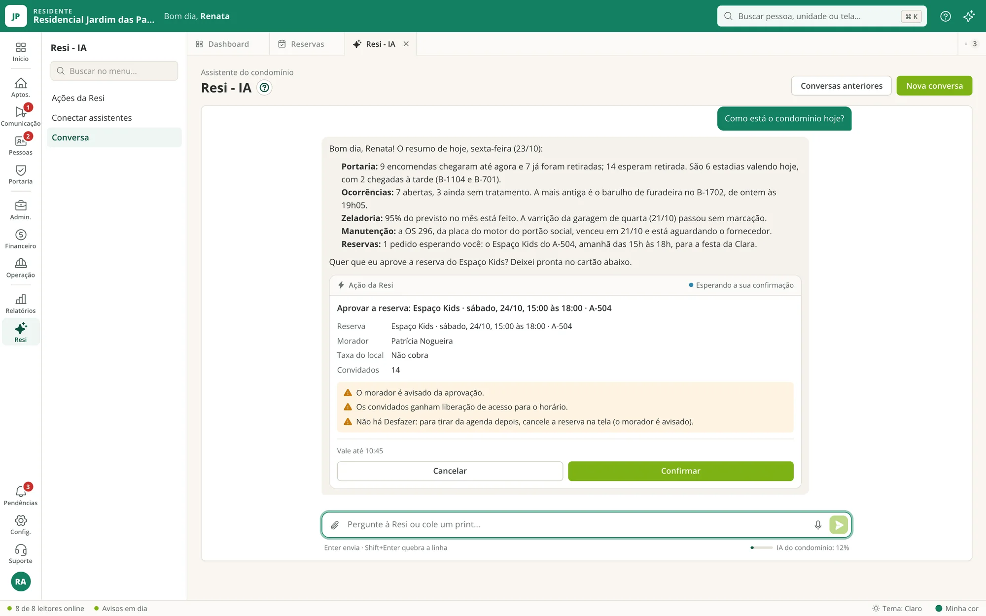Conversa com a Resi no painel, com a resposta usando os números do condomínio e um cartão de ação