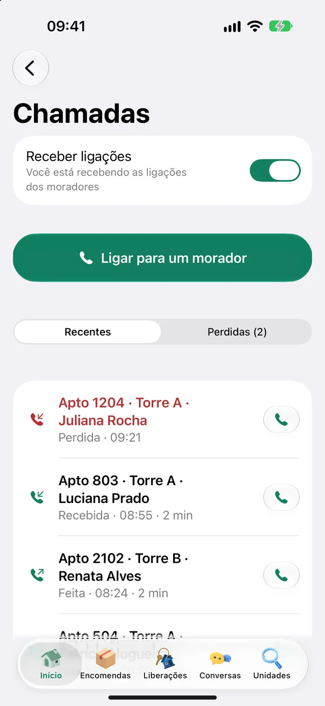 Chamadas e Ligar para um morador no app da portaria