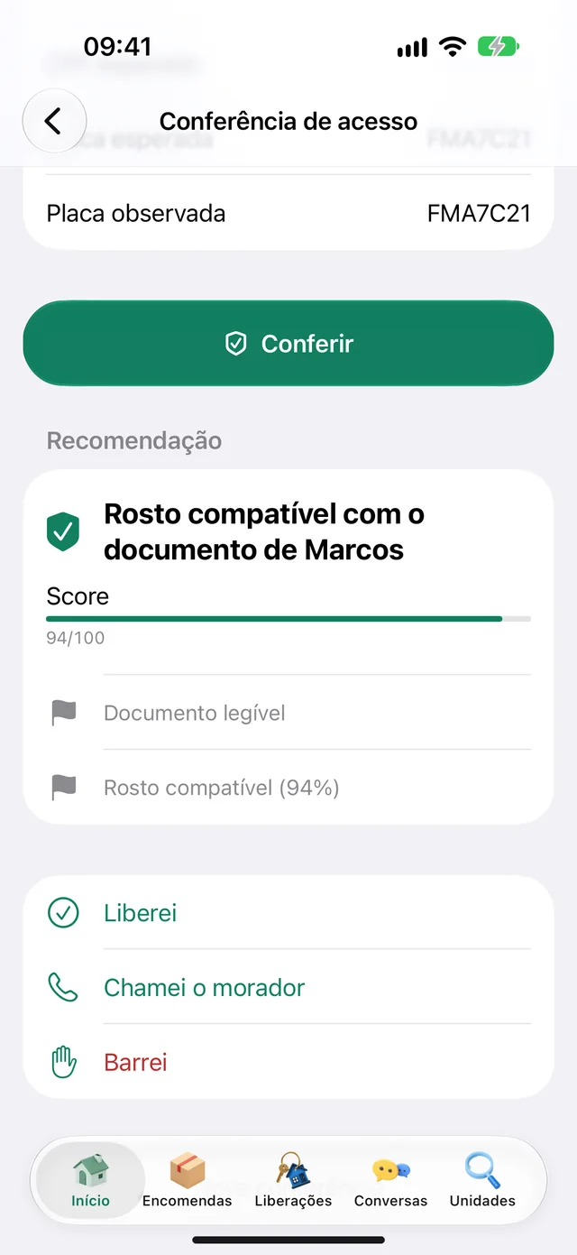 Conferência de identidade com a pontuação e a recomendação