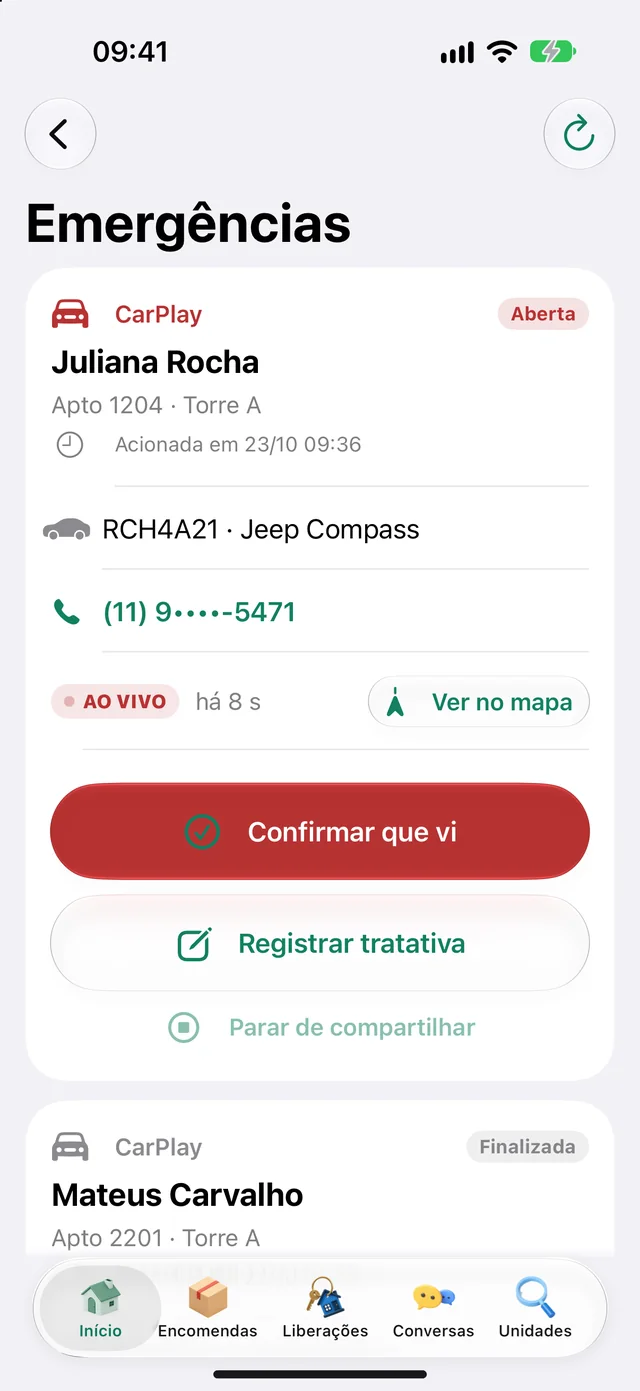 Chamado de emergência aberto com Confirmar que vi e Registrar tratativa