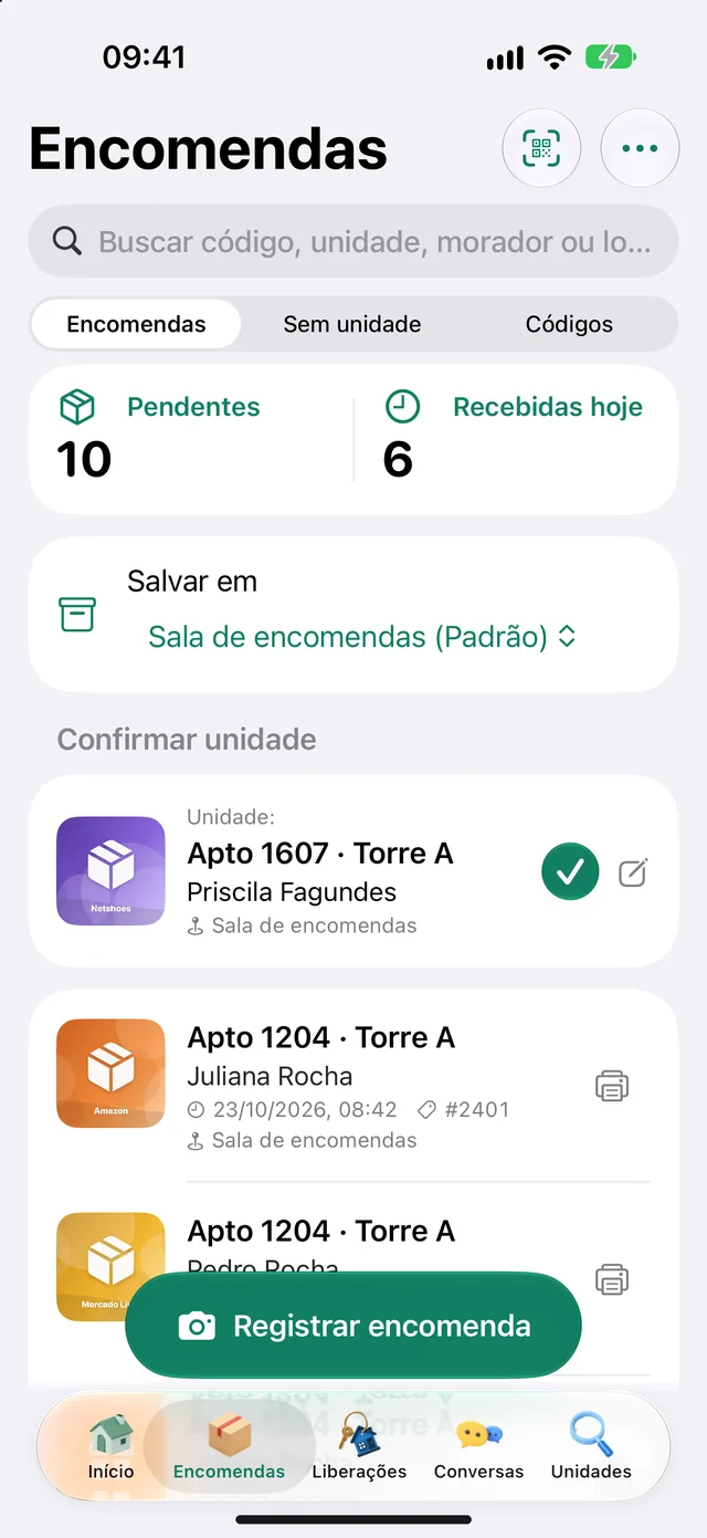 App da portaria com a lista de encomendas e o botão Registrar encomenda