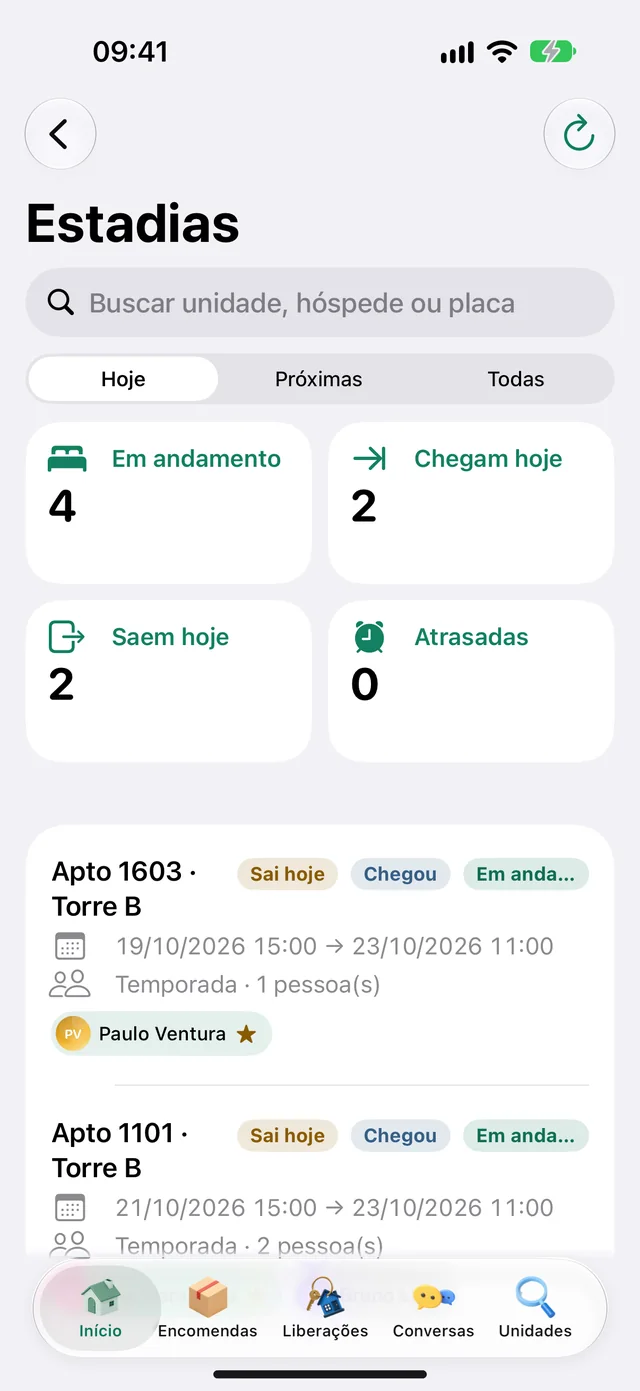 Estadias de hoje no app da portaria: em andamento, chegam e saem