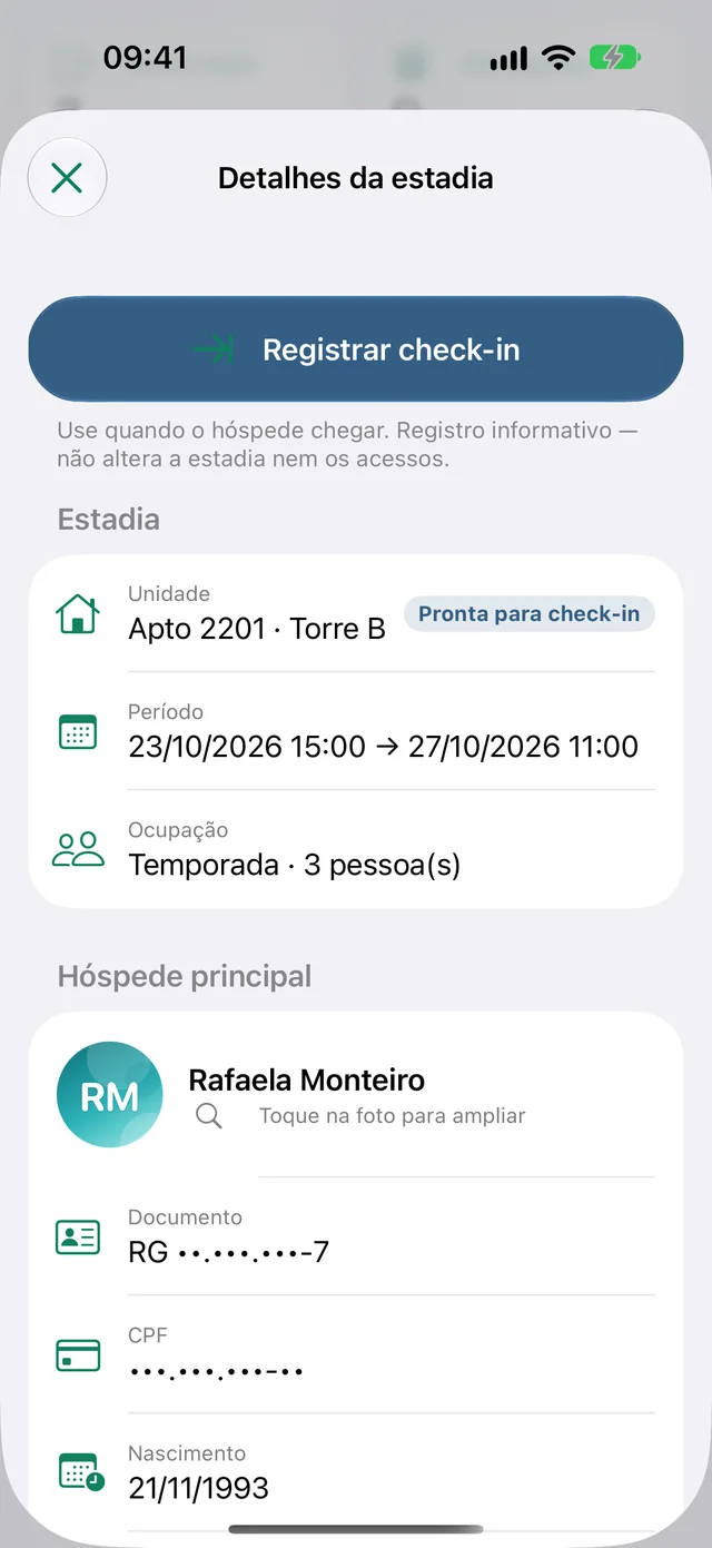 Estadia pronta para check-in no app da portaria