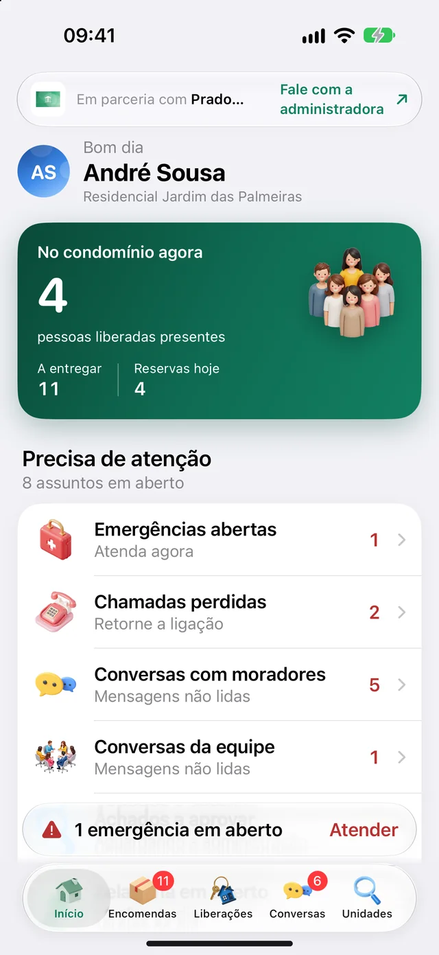 Início do app da portaria com a faixa 1 emergência em aberto