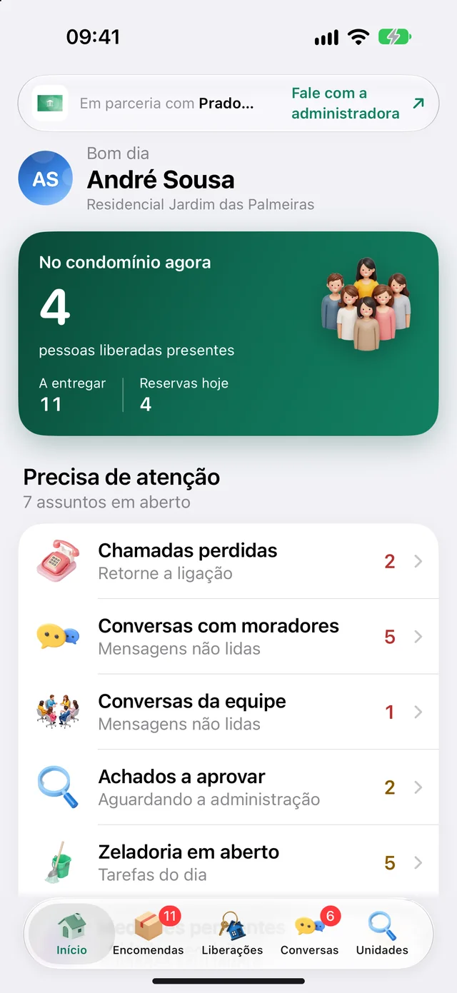 Início do turno no app da portaria: quem está no condomínio, o que entregar e o que pede atenção