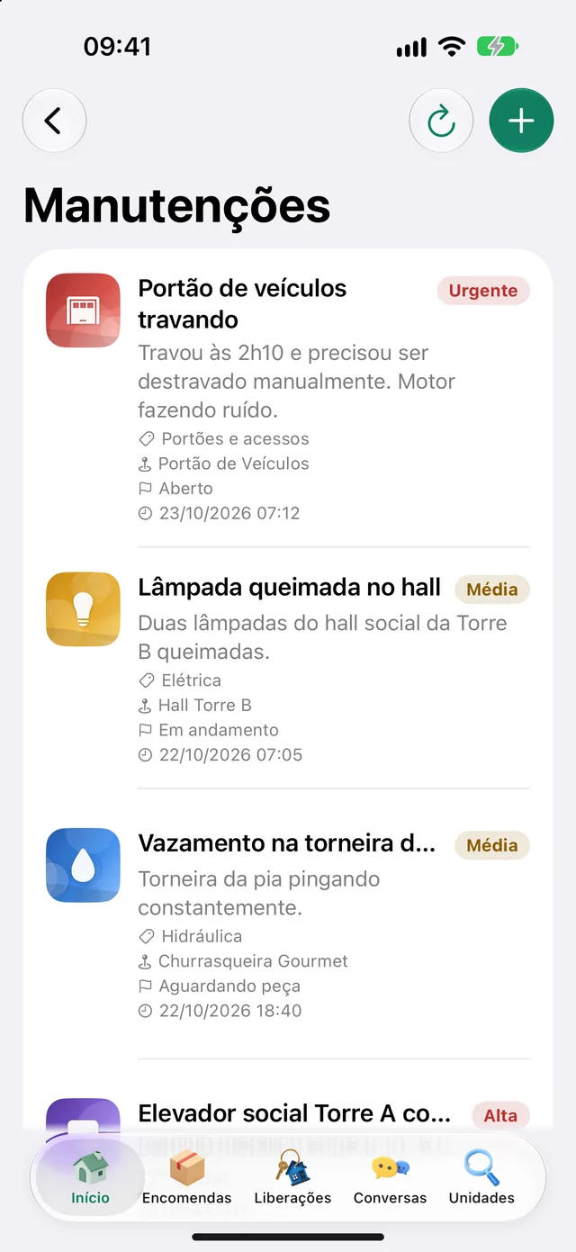 Chamados abertos no app da portaria