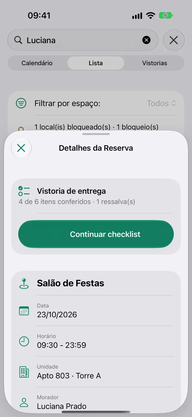 Detalhes da reserva com a vistoria de entrega em andamento