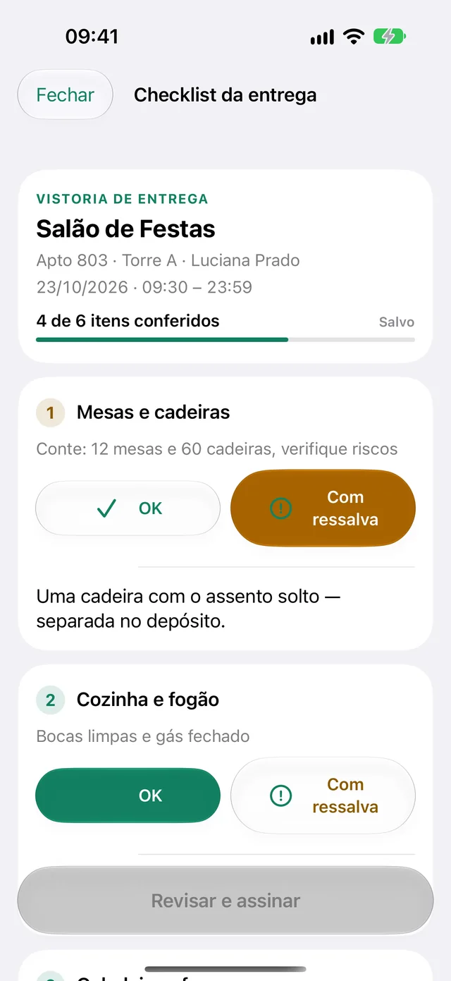 Checklist da entrega do salão de festas com uma ressalva