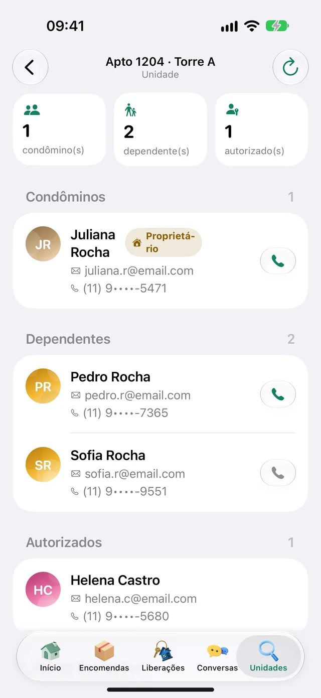 Consulta da unidade no app da portaria, com moradores, dependentes e autorizado