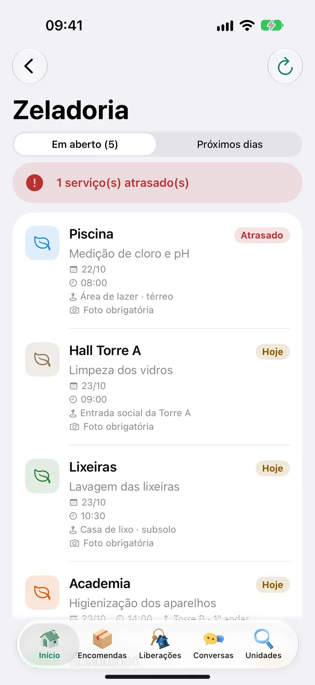 Serviços de zeladoria em aberto, com um atrasado