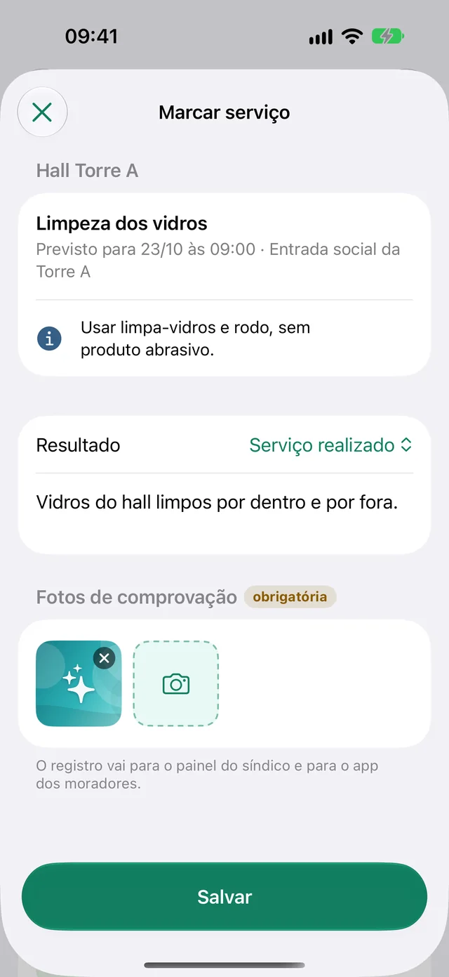 App da portaria com os serviços em aberto e a marcação com foto